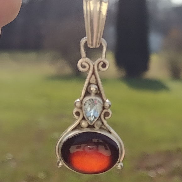 sterling silver Jewelry - Sterling silver art nouveau style pendant with blue topaz & carnelian